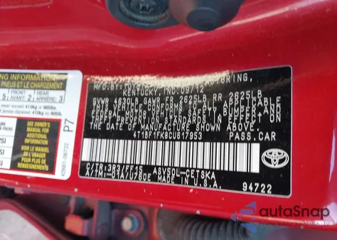 2012 Toyota Camry Se from USA, damaged, VIN 4T1BF1FK8CU617953